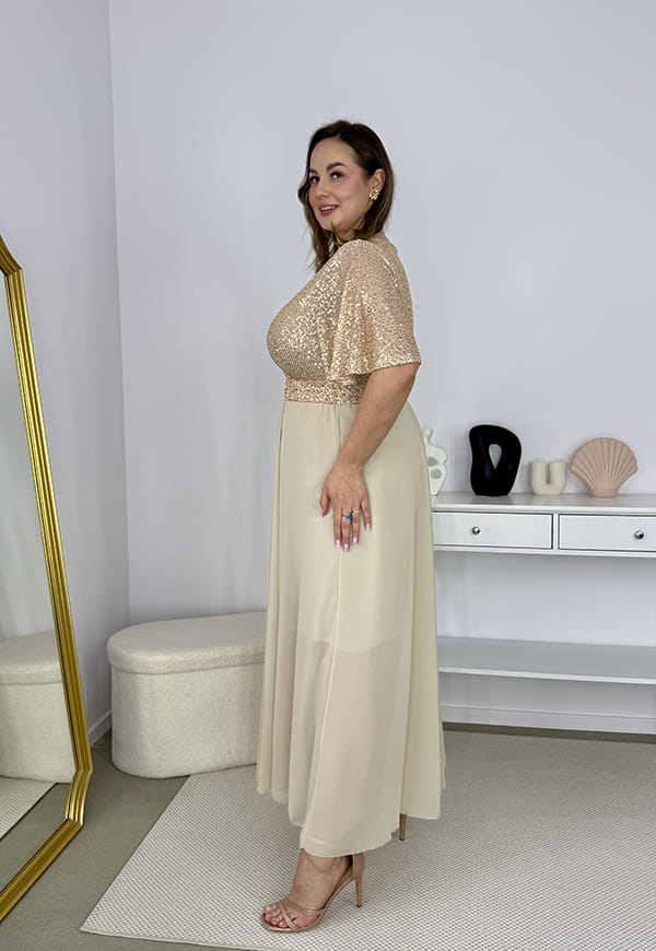 GRACY MAXI SUKIENKA DŁUGA PLUS SIZE Z SZYFONOWYM DOŁEM I CEKINAMI. ZŁOTA 08 image 9
