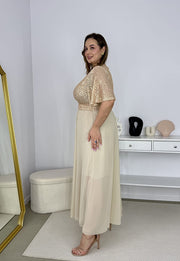 GRACY MAXI SUKIENKA DŁUGA PLUS SIZE Z SZYFONOWYM DOŁEM I CEKINAMI. ZŁOTA 08 image 9