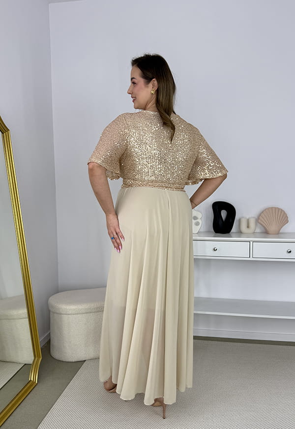 GRACY MAXI SUKIENKA DŁUGA PLUS SIZE Z SZYFONOWYM DOŁEM I CEKINAMI. ZŁOTA 08 image 10