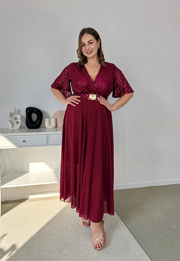 GRACY MAXI SUKIENKA DŁUGA PLUS SIZE Z SZYFONOWYM DOŁEM I CEKINAMI. BORDOWA 11